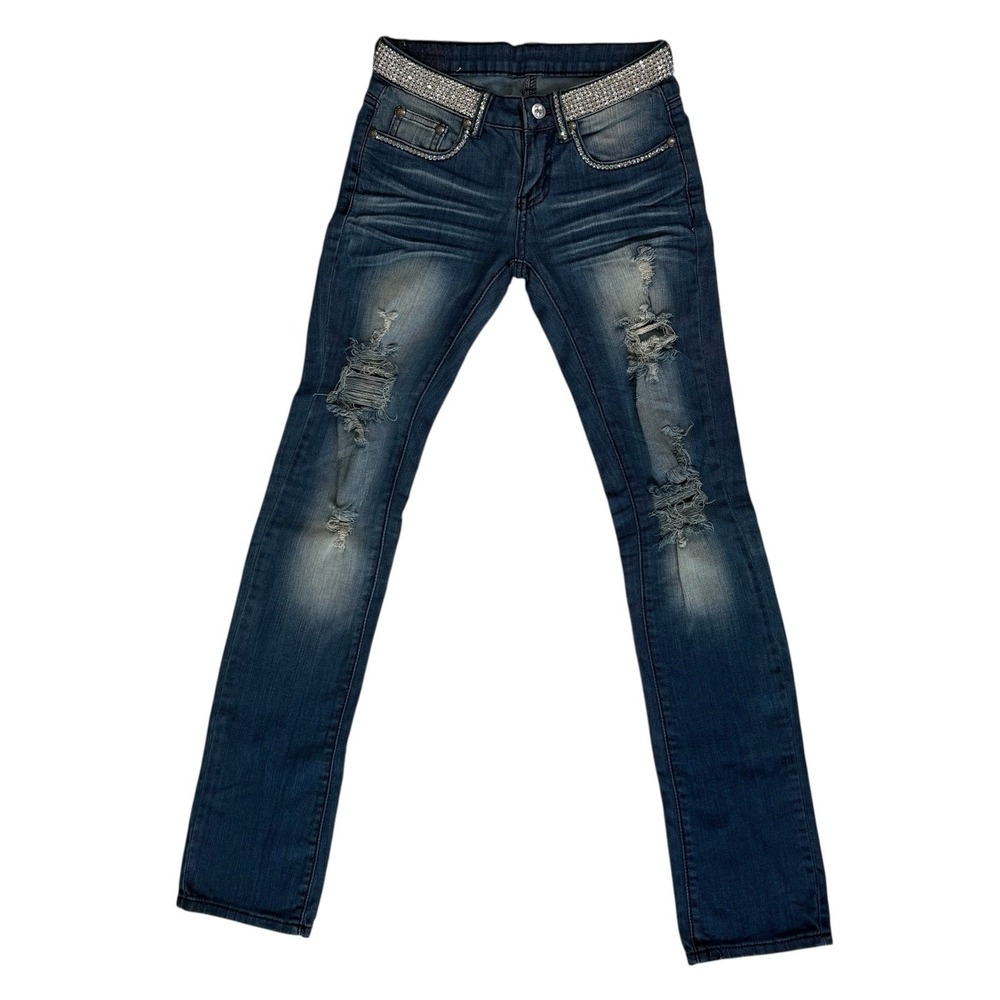 Distressed Y2K Womens Swarovski Jeans Sz 25 Low Rise Crystals‎ Cowgirl Rock